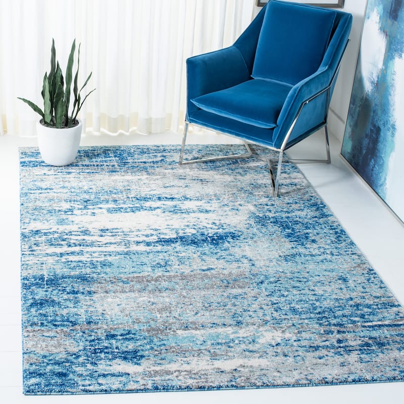 SAFAVIEH, Evoke Yukako Modern Abstract Distressed Rug - 6'7" Square - Light Blue/Grey