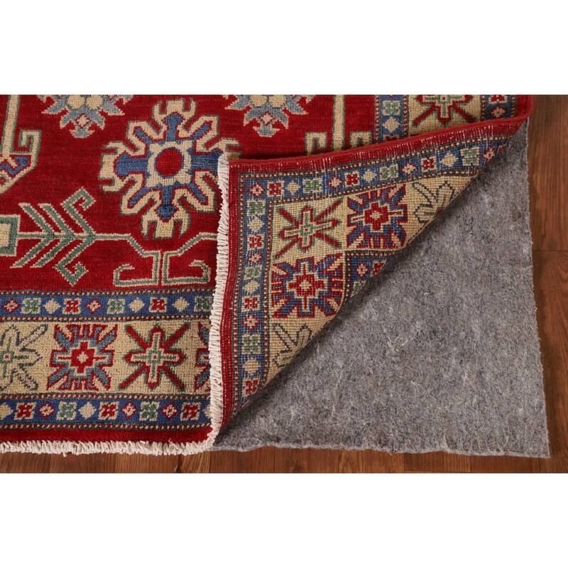 Geometric Kazak Rug Hand-Knotted Oriental Red Wool Carpet - 3'4"x 4'9"