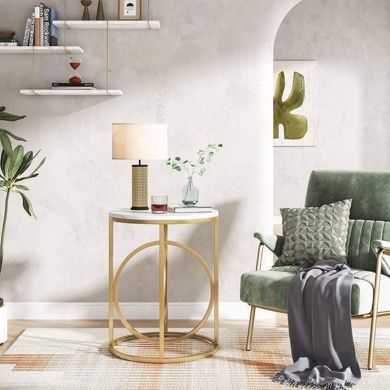 20"Round End Table for Living Room, Modern Marble Side Table with Gold Metal Frame, 26-Inch Tall Narrow Nightstand - White+Gold