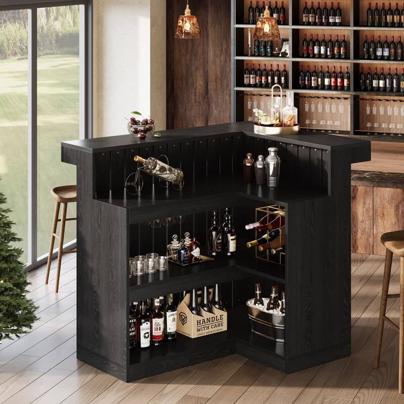 Home Bar Unit, Corner Liquor Bar Table with Storage Shelves & Wine Glass Holder, Pub Reception Accent Cabinet Desk