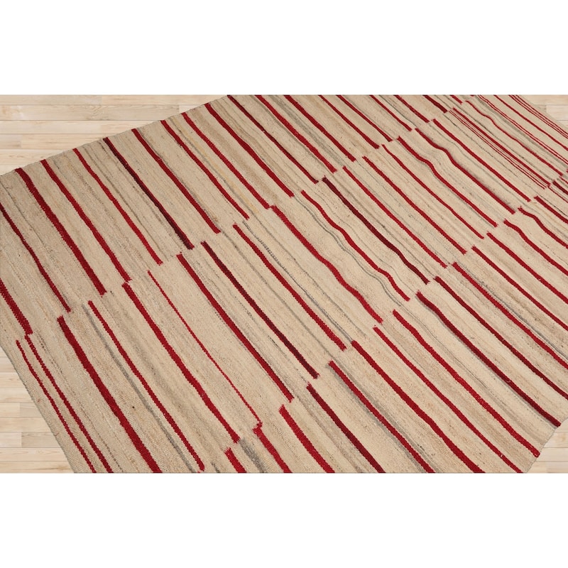 LoomBloom Contemporary Stripes Wool Beige Hand Woven Oriental Area Rug - 5' 3'' x 7' 7''