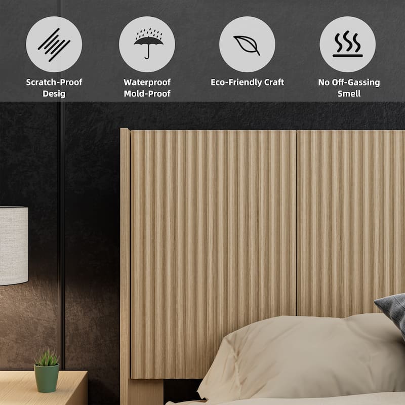 Queen Size Wood Headboard with Modern Farmhouse Design, Wall Mounted Fluted Panel, Natural Oak Finish