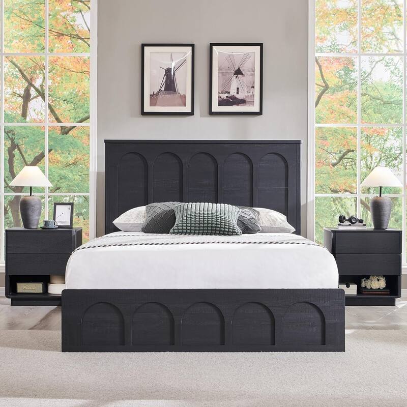 Modern Queen Size Bed Frame, 52" Tall Arched Recessed Headboard