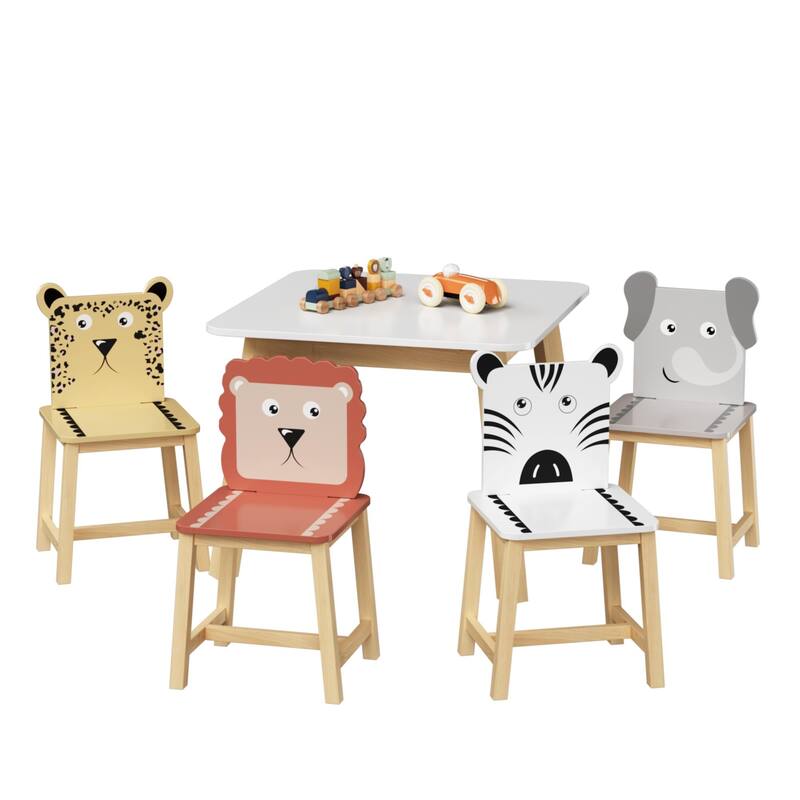 Anmytek 5-Piece Kids Table and Chair Set with Animal Themed Chairs, Solid Wood Children's Furniture for Playroom