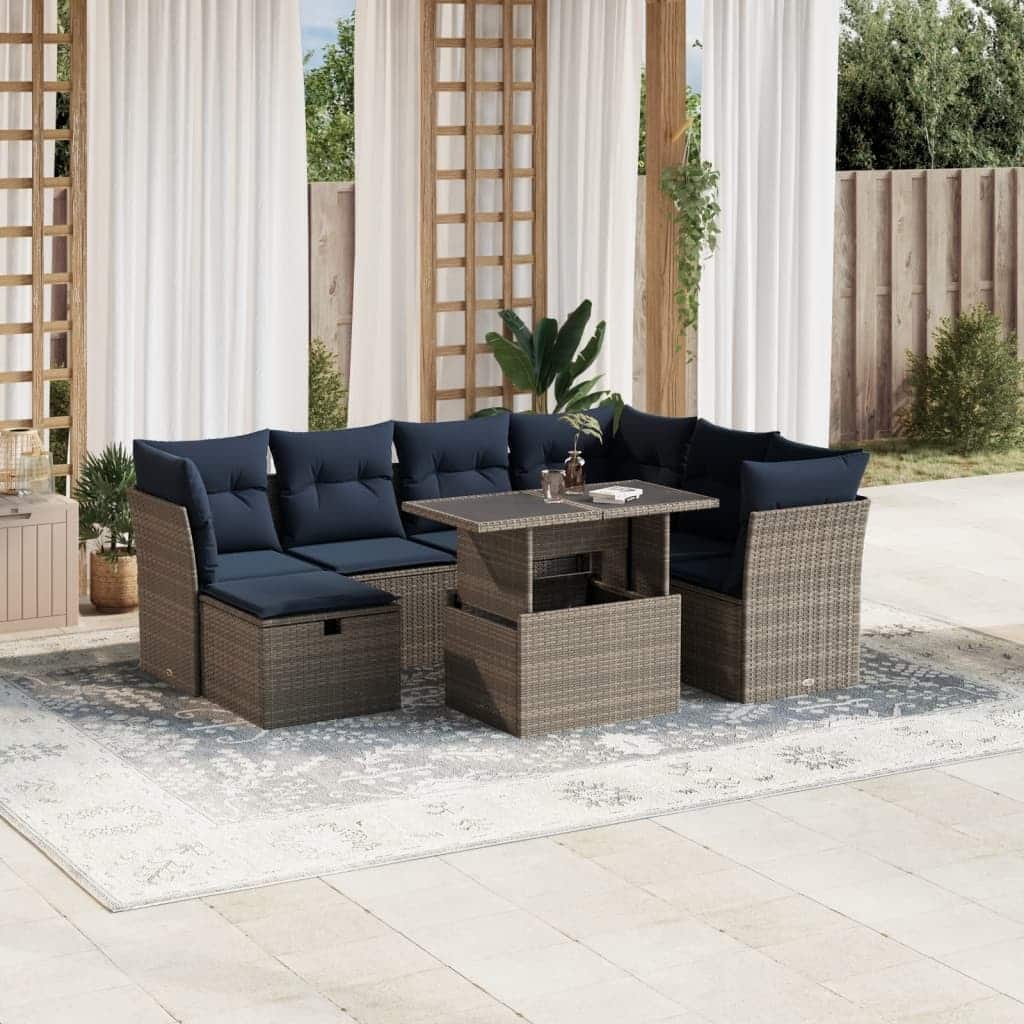vidaXL Patio Sofa Set with Cushions and Table Outdoor Garden 8 Piece Poly Rattan - 24.4" x 24.4" x 27.2"