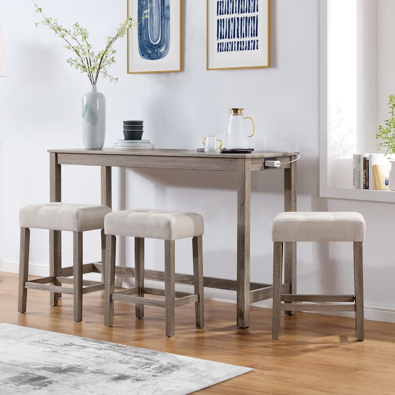 4 PCS Bar Table Dining Sets with Counter Stools and Built-in Power Outlets