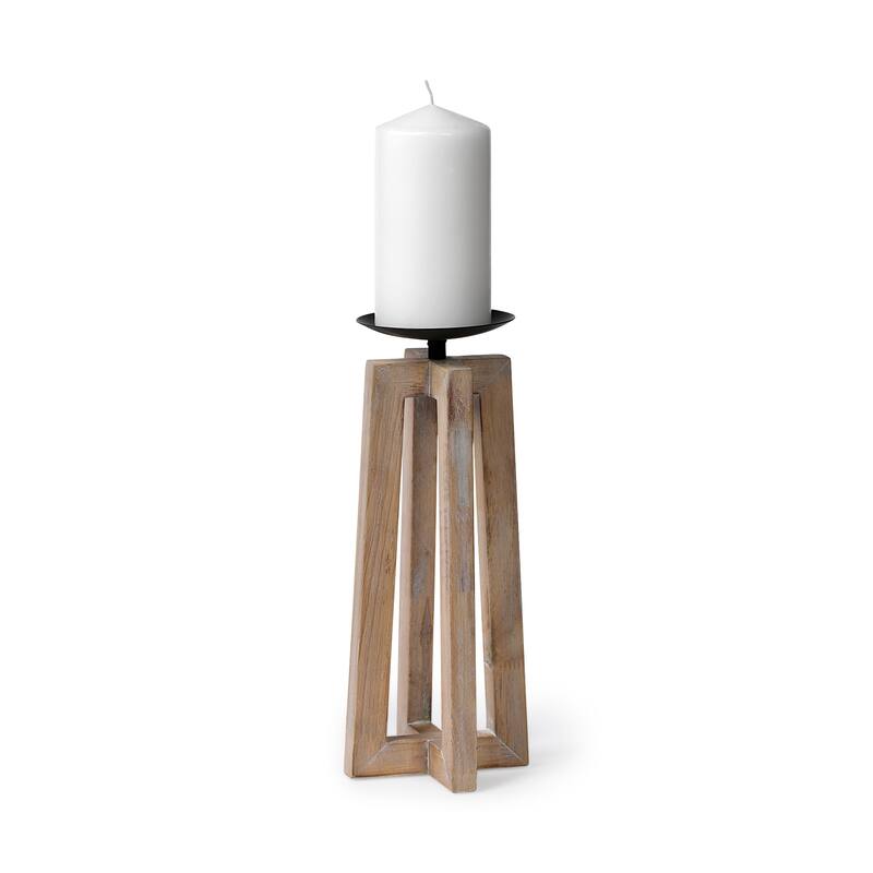 Astra Large Light Brown Wood Pedestal Base Table Candle Holder - 4.9L x 4.9W x 12.4H - 4.9L x 4.9W x 12.4H - Brown