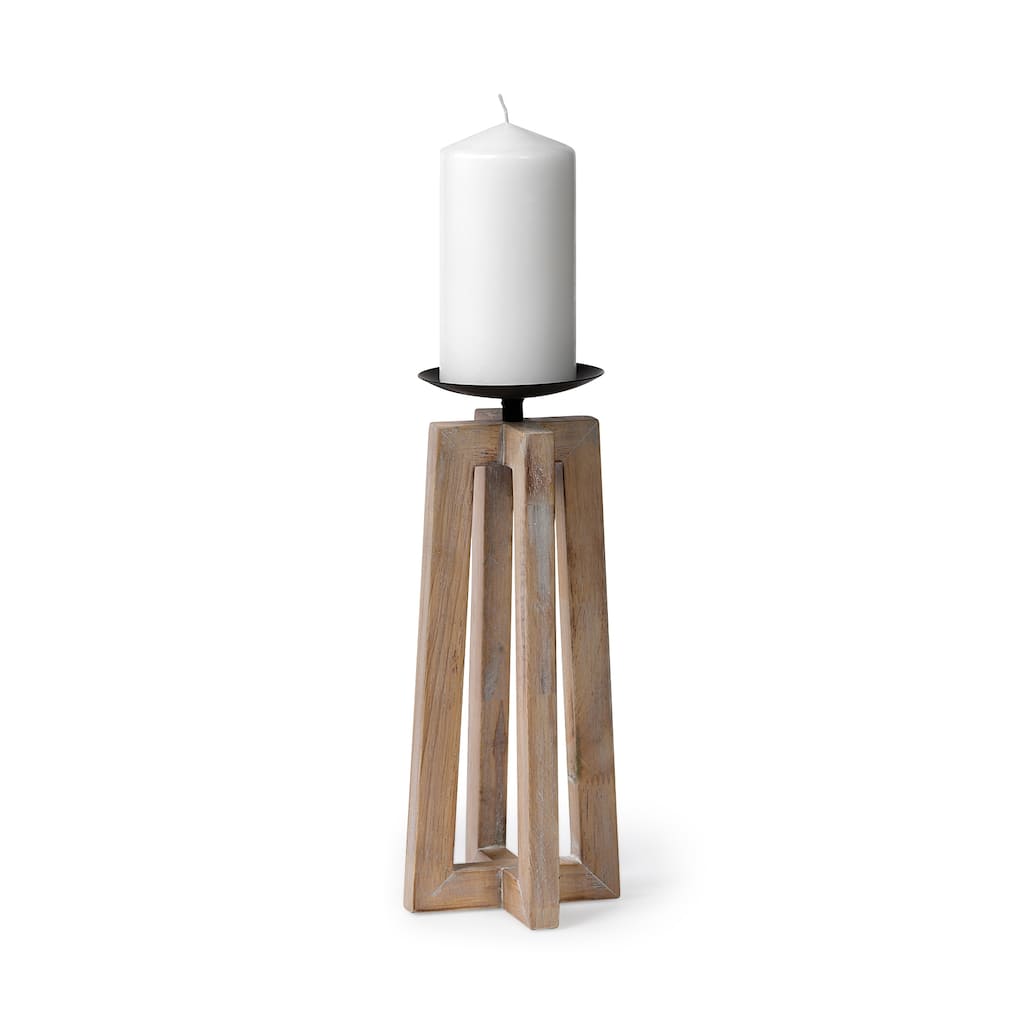 Astra Large Light Brown Wood Pedestal Base Table Candle Holder - 4.9L x 4.9W x 12.4H