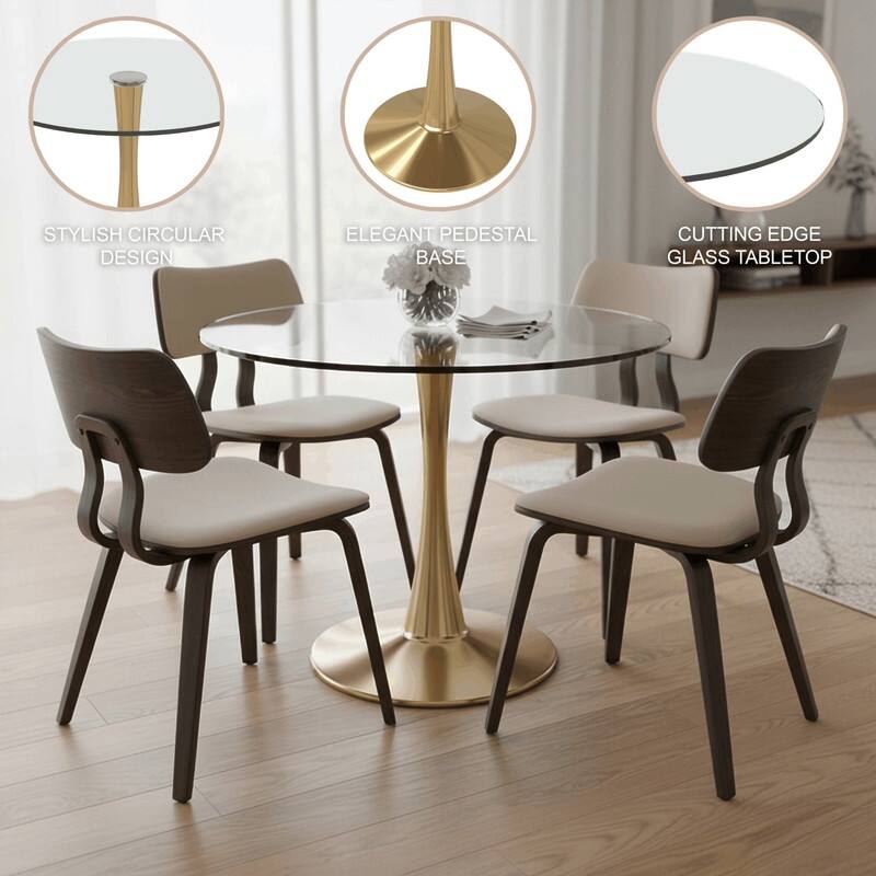 Bristol Round Dining Table with Glass Top and Steel Pedestal Base for Kitchen and Dining Room