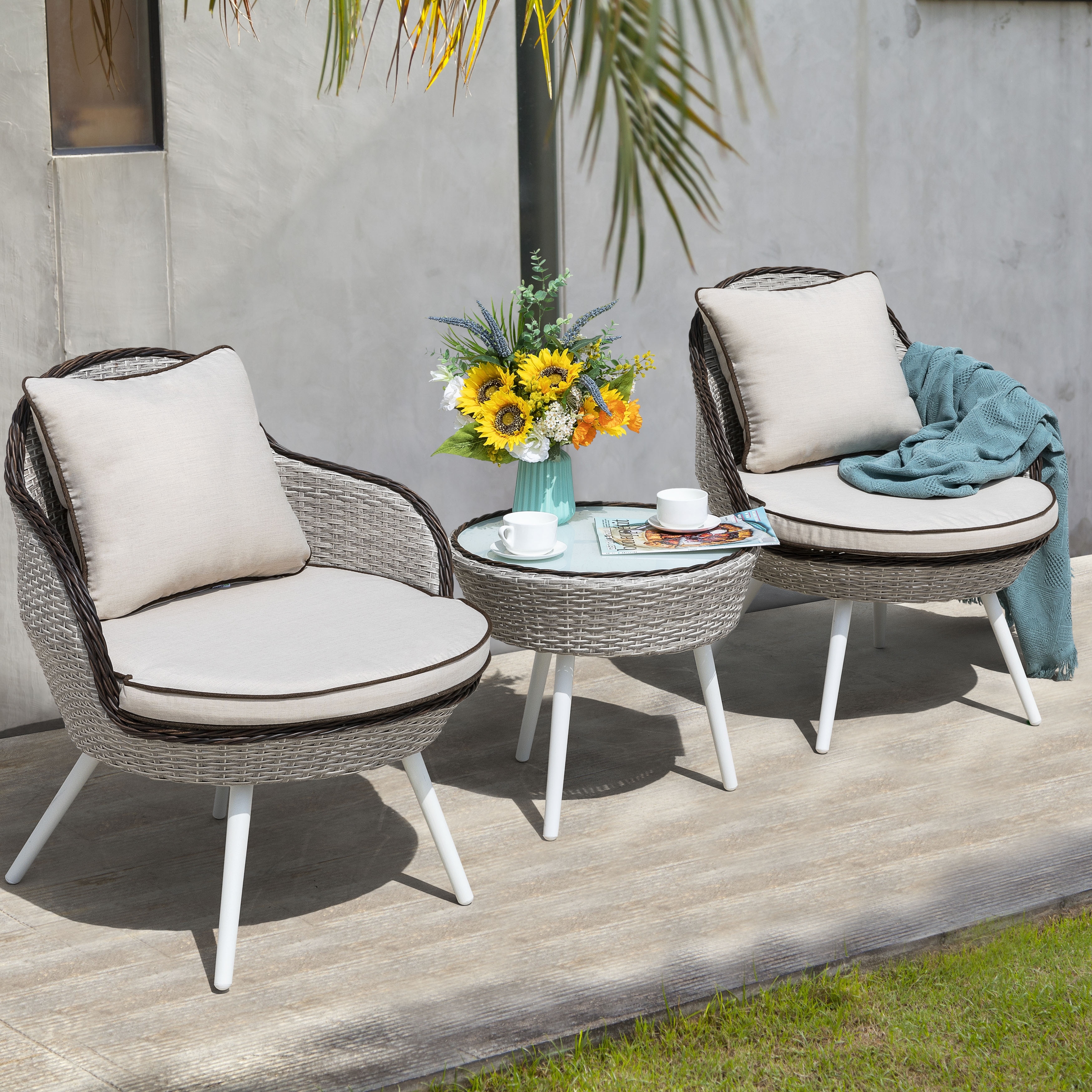3 Piece Bistro Wicker Rattan Outdoor Sets With Cusions N A On