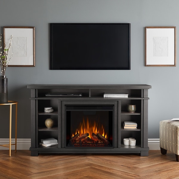 Gray tv store stand fireplace