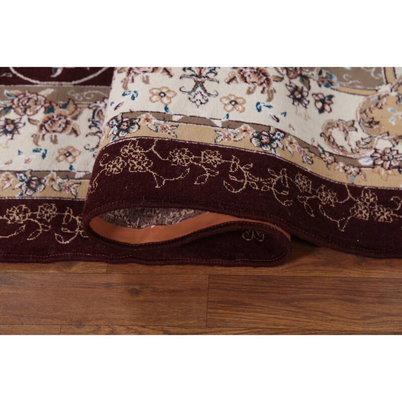 Burgundy Red Floral Aubusson Area Rug Machine Made Carpet - 6'6" x 9'10"