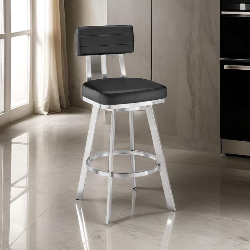 Poni 26 Inch Swivel Counter Stool Chair, Cushioned Seat, Black Faux Leather