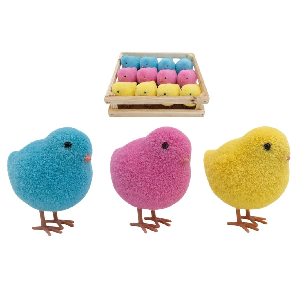 Transpac Mini Resin Flocked Chicks in Crate S/12 Home Decorations Easter