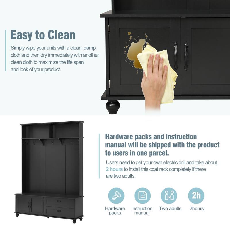 Modern Hall Tree with Shoe Storage Bench, Entryway Bench with Coat Rack, Cabinet, 2 Drawers & Shelves, Mudroom Bench w/ 5 Hooks