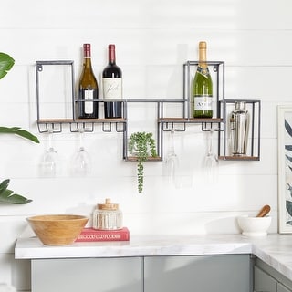 Black Metal 7 Bottle Geometric Wall Wine Rack with 5 Glass Holder Slots ...