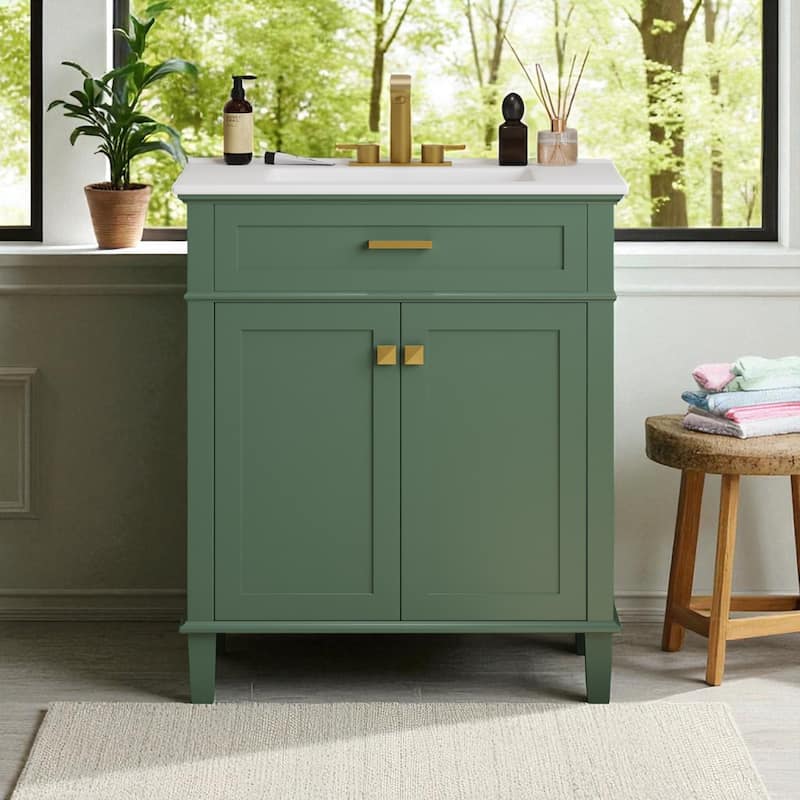 30" Bathroom Vanity with Ceramic Sink, Soft-Close Doors, Adjustable Shelf, 4" Faucet Ready - Green