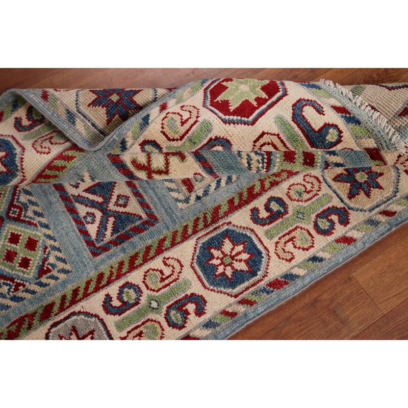 Blue Kazak Oriental Runner Rug Hand-Knotted Geometric Wool Carpet - 3'3" x 16'3"