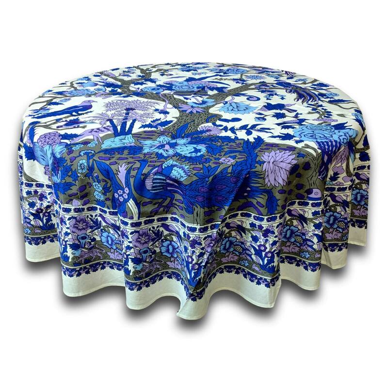 Vibrant Cotton Floral Tree Of Life Tablecloth Collection - 72-inch Round - Blue and Purple