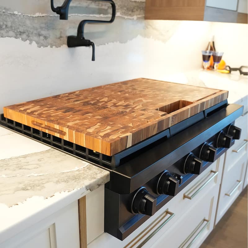 EcoDecors Extra Large Solid Teak Butcher Block 34 x 20 End Grain Cutting Board with Juice Groove, Waste Slot, Integrated Handles