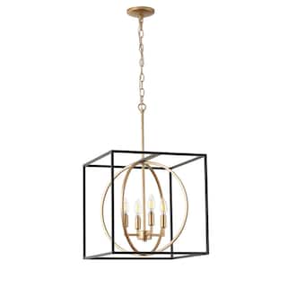 Industrial 4-Light Cube Pendant Chandelier with Matte Black and Gold Finish