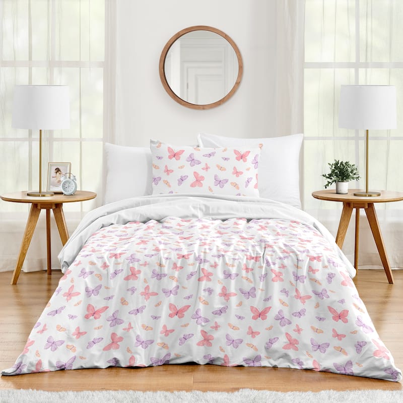 Sweet Jojo Designs Pink/Purple Shabby Chic Butterfly Girl 4pc Twin-size Comforter Set - Colorful Butterflies Pastel Watercolor