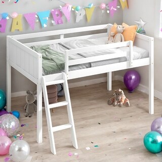 Modern Twin Size Wood Low Loft Bed With Convertible Ladder Can Be Placed On The Left Or Right for Bedroom