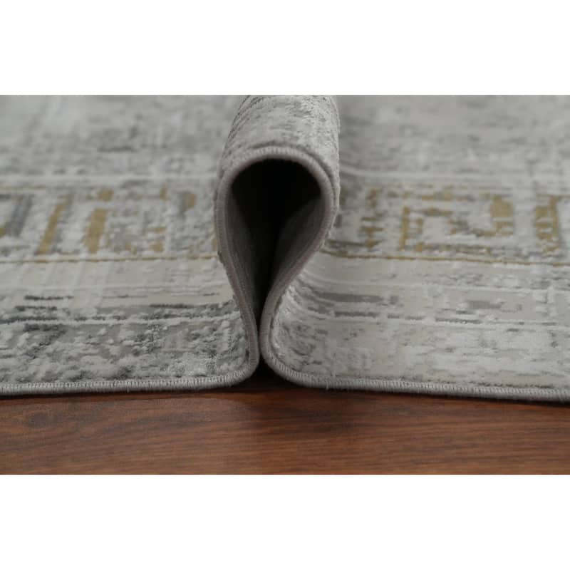 Machine Made Oriental Polyester Carpet Bordered Greys & Charcoal Distressed Area Rug - 7' 5'' X 5' 2''