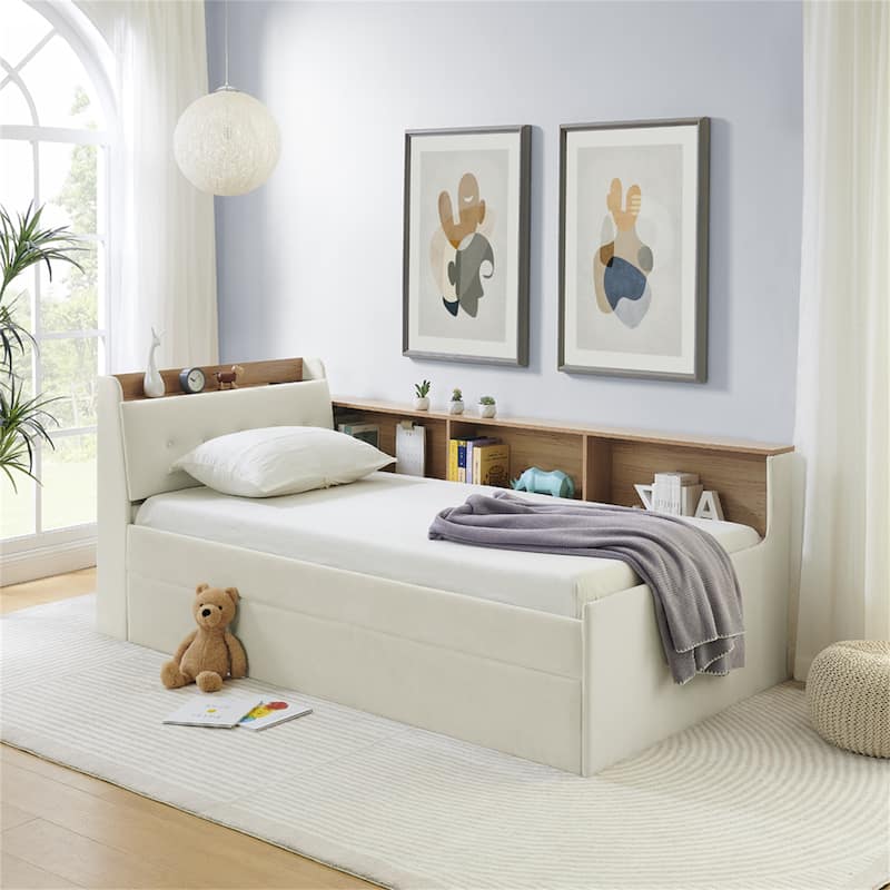 Queen Size Hydraulic Storage Bed with Integrated Headboard, Chenille Fabric