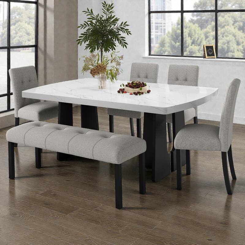 6-Piece Modern Dining Set with 63" Faux Marble Table, Geometric Legs, 4 Upholstered Chairs & Bench for Kitchen Dining Room
