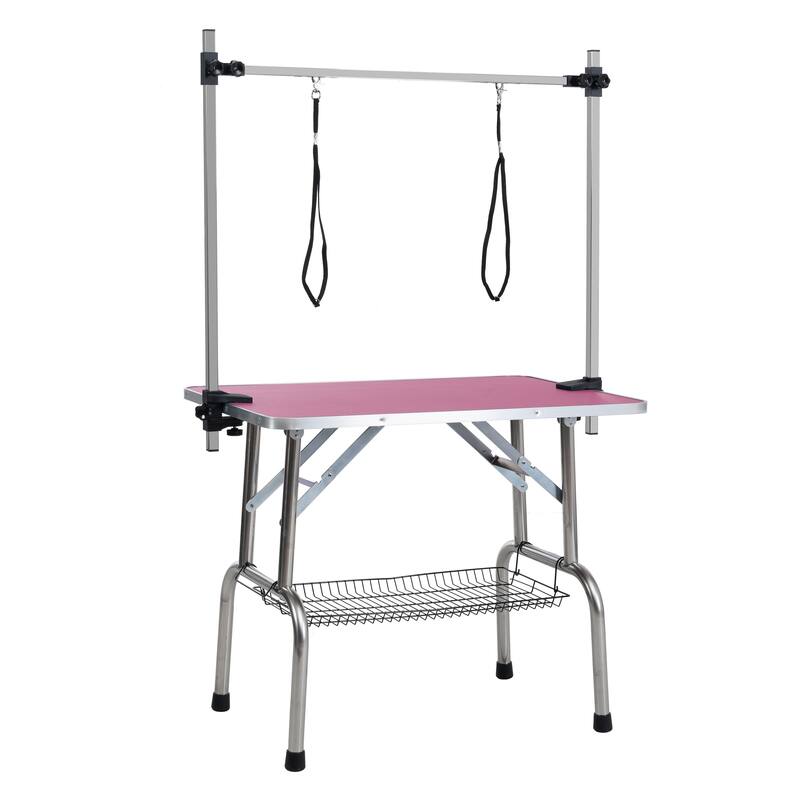 Folding Dog Pet Grooming Table, Stainless Steel Frame Rubber Mat on Board, with Adjustable Arm and Clamps pet dog