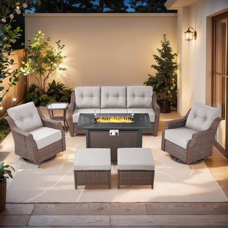 Pocassy Patio Furniture Set with Propane Gas Fire Pit Table - Brown Wicker & Beige Cushion - 7-Piece Sofa with Rectangle Steel Fire Table