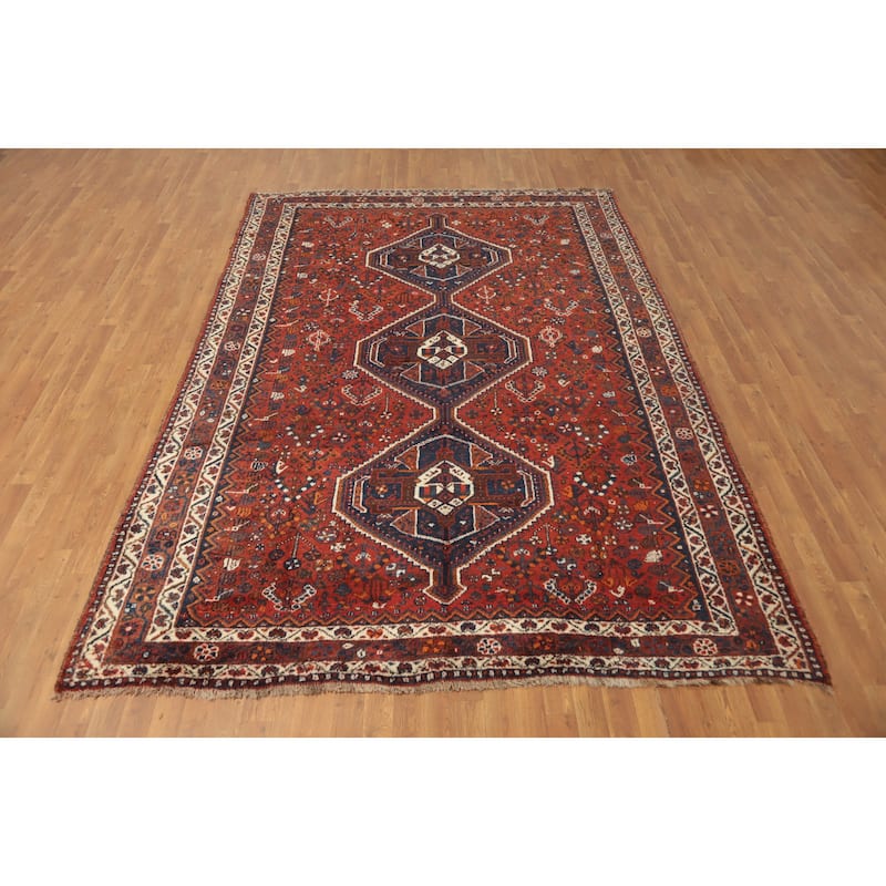 Hand Knotted Oriental 100% Wool Carpet Traditional Tribal Oranges & Rust Shiraz Area Rug - 10' 5'' X 7' 3''