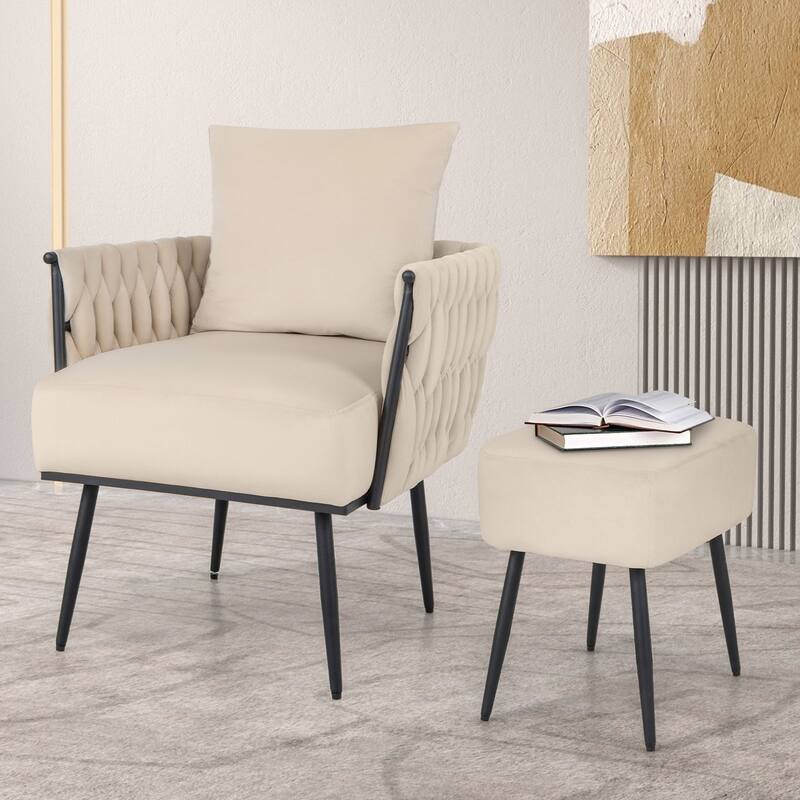 Dutch Velvet Accent Chair with Ottoman and Pillow on Black Metal Frame - 26” x 25.5” x 32”