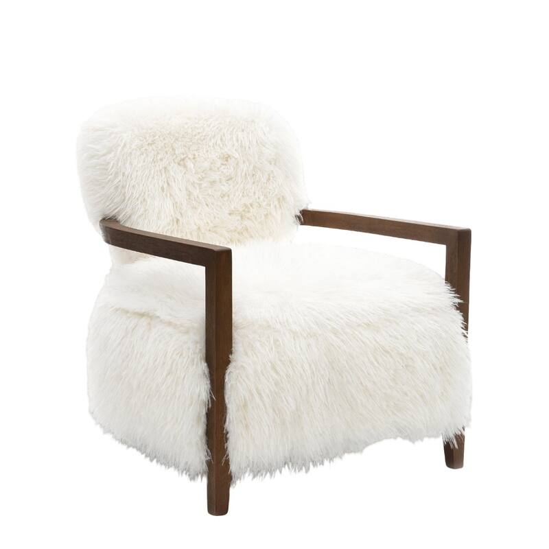 1pc Accent Chair Raked Wooden Arms Tight Back And Seat Soft Faux Fur Contemporary Living Room Furniture