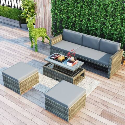 4-piece Outdoor Backyard Patio Rattan Sofa Set, All-weather PE Wicker Sectional Furniture Set with Retractable Table