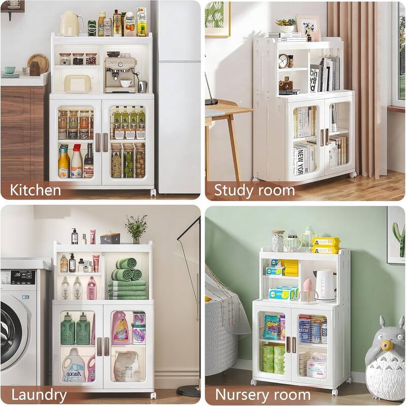 VECELO White Plastic Storage Cabinet with Wheels and Transparent Doors No Tools Assembly Required Multi-Purpose Organizer