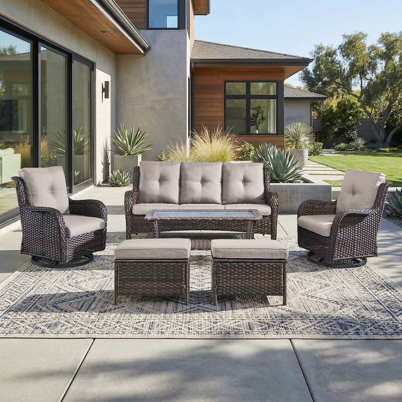 Pocassy Outdoor Patio Wciker Sofa Furniture Set of Chair Table. - Brown Wicker with Beige Cushion - 6-Piece Sofa Swivel Chair Ottoman w/ Table