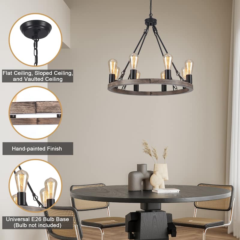 8-Light Circle Wagon Wheel Farmhouse Foyer Chandelier Linear Island Chandelier Lighting for Dining Room