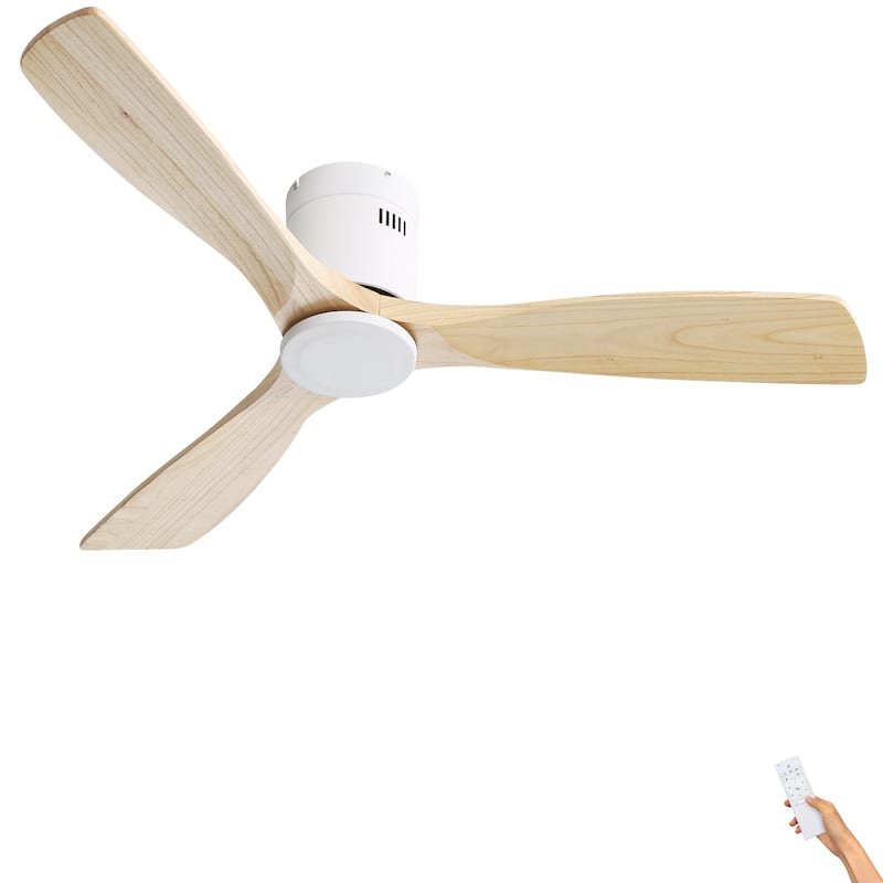52" Flush Mount Ceiling Fan without Light,Reversible DC Motor,Wood Blades,White and Burlywood - 52 - White with Burlywood Blades