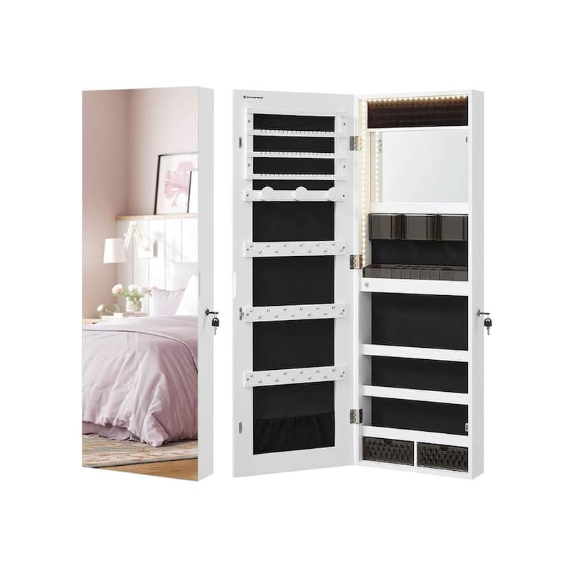 White Wooden Jewelry Armoire Organizer with LED Lights, Full-Length Mirror, and Lockable Storage - 14.8"L x 3.8"W x 42.5"H - White