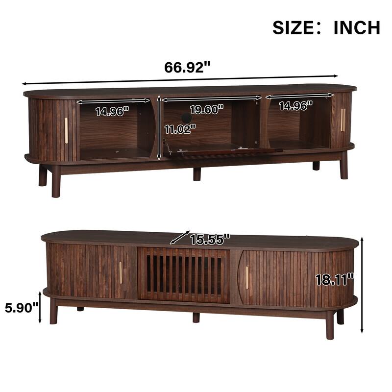 Farmhouse Curved TV Stand Entertainment Center for 75" TVs, Sliding Doors Television Cabinet Dark Brown TV Console Table