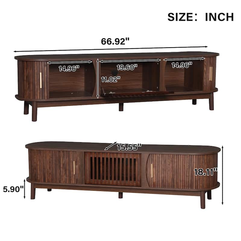 Modern Farmhouse TV Stand for 75 Inch TV, 67" Wood Entertainment Center with Sliding Doors and Solid Wood Legs