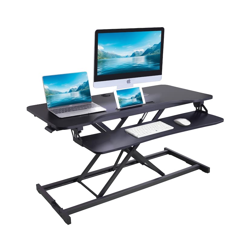 Rocelco 43 in. W Black Height Adjustable Standing Desk Converter Tall Riser with Tablet Slot and Deep Keyboard Tray Platform