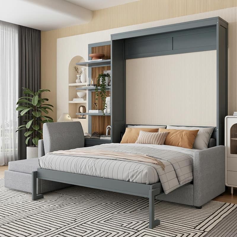 Convertible Queen Murphy Wall Bed with Sectional Sofa & 4-Tier Bookcase by Harper&Bright Designs - Grey