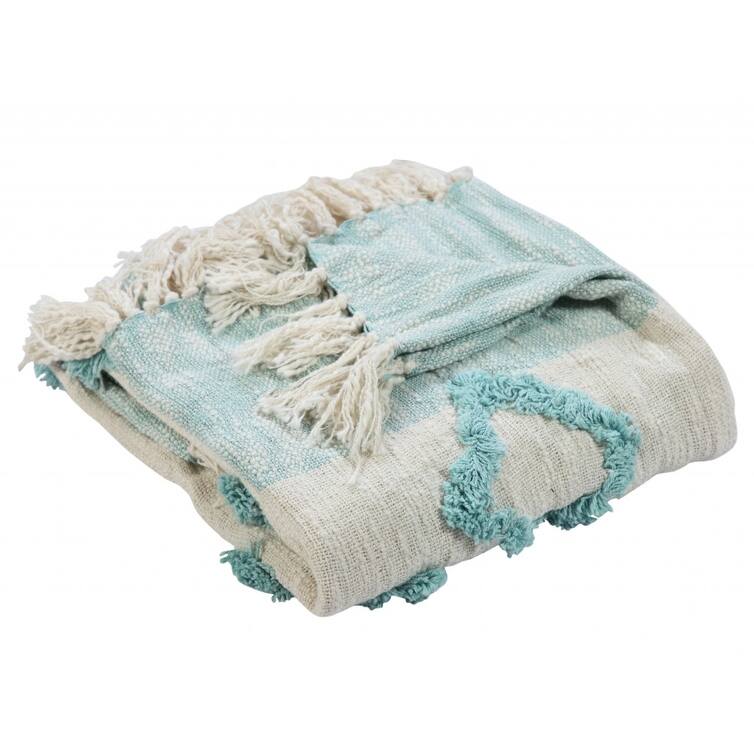 HomeRoots 50" X 60" Aqua And Off White Cotton Woven Geometric Throw Blanket with Fringe