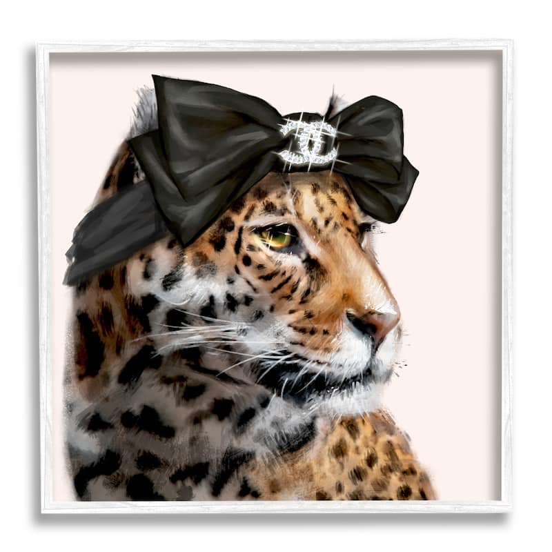 Stupell Fashion Leopard Chic Animal Black Bow Glam Framed Wall Art - Yellow - 12 x 12 - White