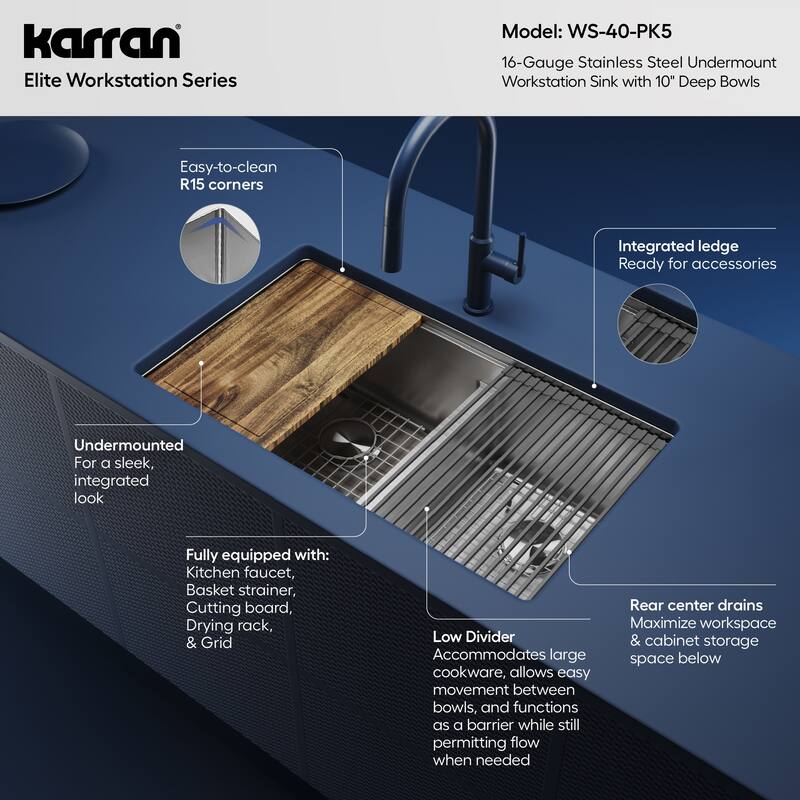 Elite 32" Undermount Workstation 16 Gauge Double Bowl Stainless Steel Kitchen Sink - Stainless Steel