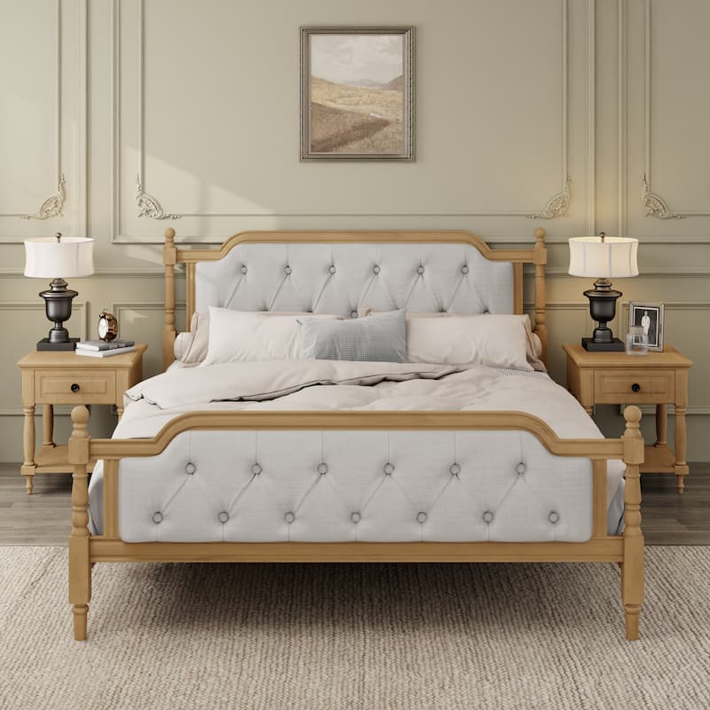 Queen Size Solid Wood Bed Frame with Tufted Upholstered Headboard, No Box Spring Needed, Antique Walnut Finish