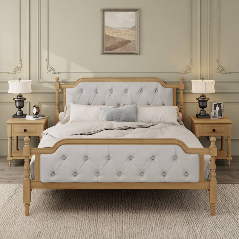 Traditional Style Solid Wood Bed Frame with Upholstered Tufted Headboard,No Box Spring Needed,King Size, Walnut - Walnut